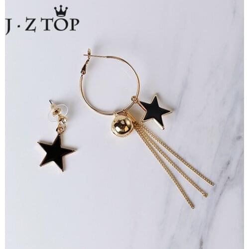 JZTOP Fashion Black Star Tassel Stud Earrings Crystal Bells Asymmetrical Pendant Earrings Woman Personality Oorbellen Jewelry