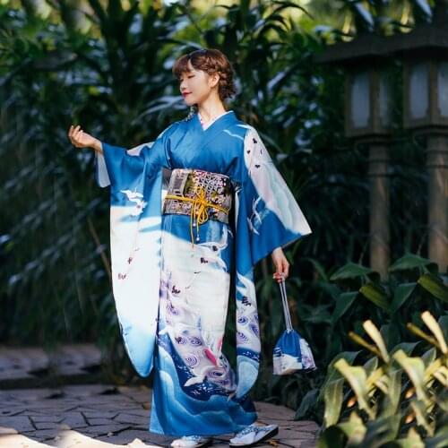 Vintage Japanese Traditional Furisode Yukata Kimono With Obi Elegant Women Cosplay Costume Geisha Kimono Women Stage Dress