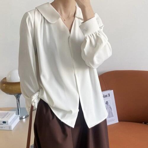 Women Sweet Doll Collar Long Puff Sleeve Blouse Shirt Button Down V Neck Ruched Shirts For Woman Office Ladies white chemise