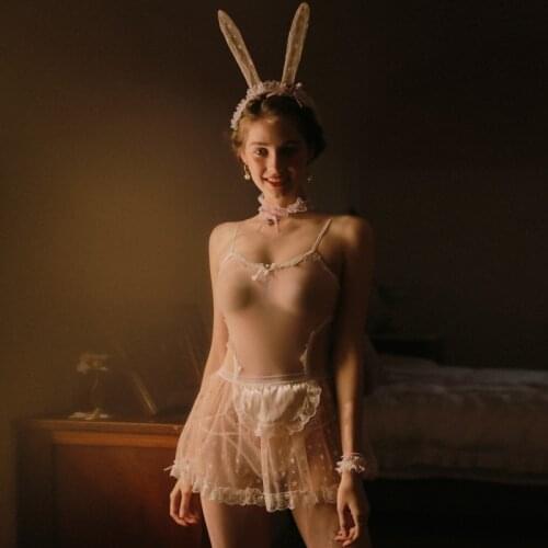 Fairy Star Print Lace Women Babydoll Rabbit Bunny Maid Cosplay Costume Party Sexy Erotic Lingerie Outfit Fancy Bodysuit Jumpsuit