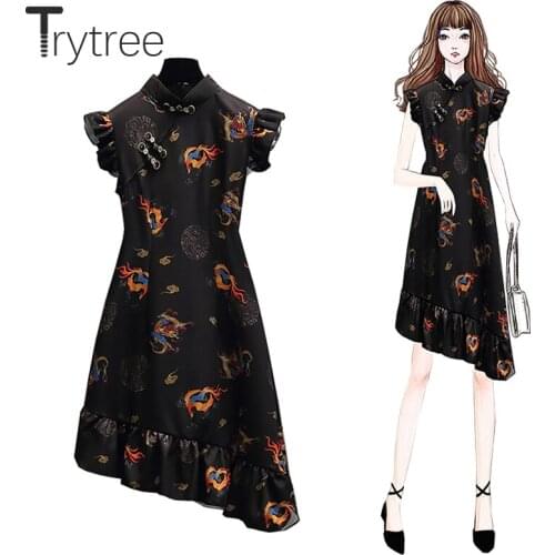 Trytree Summer Women Casual Dress Printing Chinese Button Mandarin Collar Flying sleeve Pleated Hem Vintage Cheongsam Dress