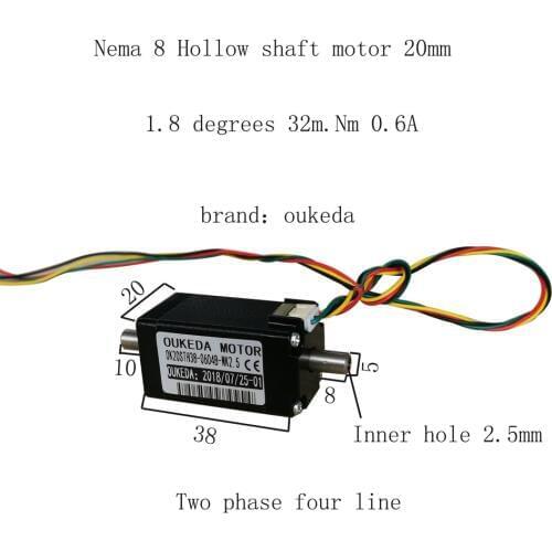 Nema8 Hollow Shaft Stepper motors,38mm Body Large Torque SMT Motor 400g.cm 1.8 Degree High Torque OK20STH38-0604B-NK2.5