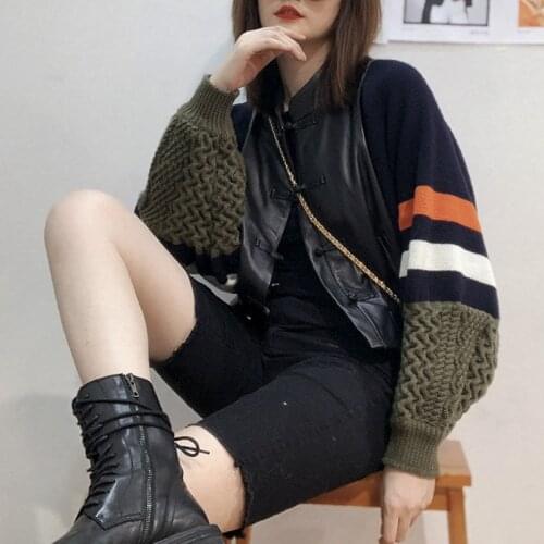 2020 spring new leather leather female sheepskin loose knit sleeve stand collar Harajuku style wild jacket