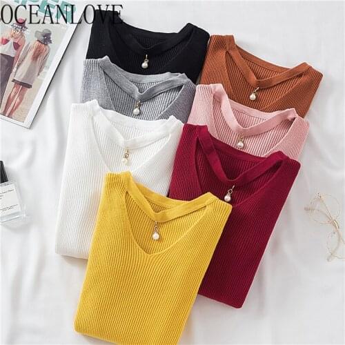 OCEANLOVE Autumn Winter Pullovers Hollow Out Beading Solid Sweaters Women All Match Sweet 7 Colors Sueter Mujer 2020 Tops 17515