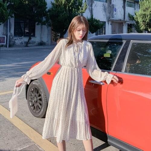 Hebe&Eos Autumn Korean Chiffon Print Dress Women Polka Dot Long Dresses With Full Sleeve Elegant Casual Chic Midi Dress Vestidos