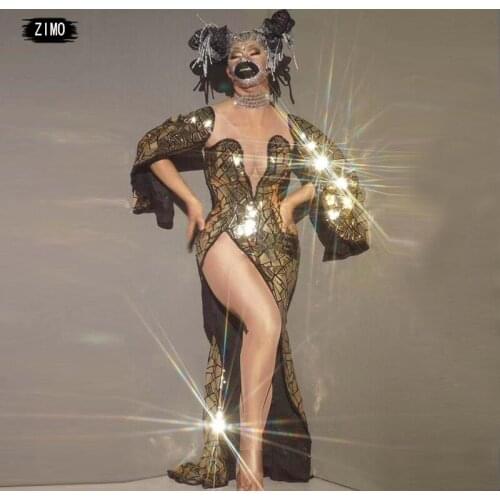 Sequin gold Slit Dress Sexy Women Birthday Celebration Wedding Evening Singer Party long Dress designer clothes stage drag queen