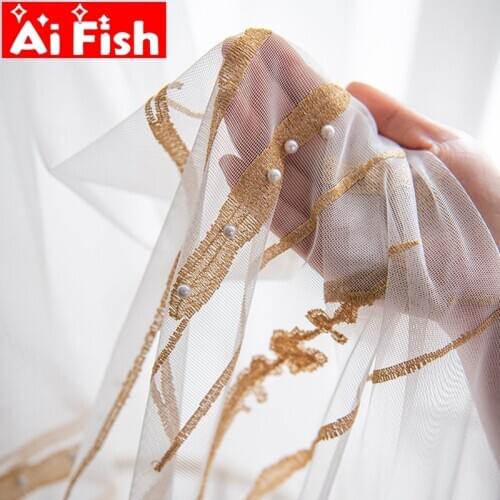 AiFish Luxury nail pearl stripe curtain gauze gray embroidered window treatments tulle curtains for living room drapes MY492#4