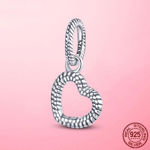 Silver Charm 925 Sterling Silver Snake Chain Pattern Open Heart Pendant Charm fit Bracelet Necklace Original Silver 925 Jewelry
