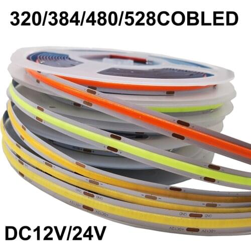 COB LED Strip 320 384 480 528 LEDs High Density Flexible COB LED Lights DC12V 24V RA90 3000K 4000K 6000K LED Tape 5m/lot