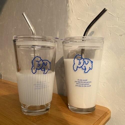 Koreancute Puppy Heat-resistant Glass Water Cup with Lid Straw Creative Cartoon Milk Juice Household Glass Bar Counter Drinkware