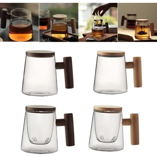 300ML Heat-Resistant Borosilicate Glass Transparent Tea Cup Mugs w/Wooden Lid Handle Drinkware for Water Milk Coffee