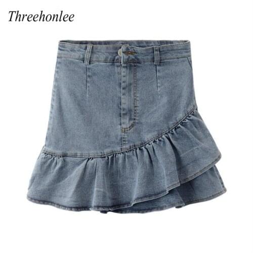 Womens Summer Sexy Irregular Denim Skirt High Waist A- Line Pleated Skirt 2021 Fashion New Slimming Fishtail Skirt