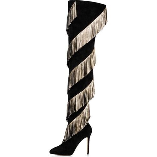 Women Spiral Golden Tassel Covered Thigh Boots Thin Heels Over The Knee Pointed Toe Female Fringed Knight Boots Plus Size 46