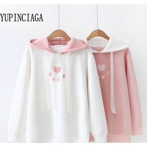 Women Hoodies Bear Paw Embroidery Lovely Pullover Kawaii Sweatshirt Pullover Femme Pink White Hoodie Girls YUPINCIAGA