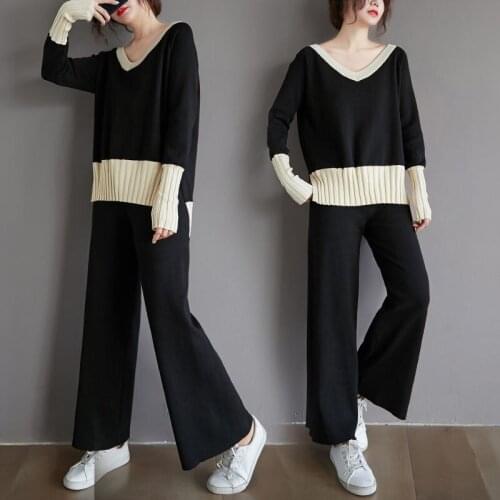 Ladies Knit Suits Women Autumn New Loose V-neck Black Knitted Top Elastic Waist Wide-leg Pants 4XL Fashion Two-piece Set aq1198