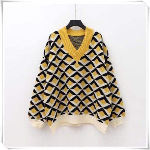 2020 Winter Autumn Women Sweater and Pullovers V neck Argyle Pull Jumper Korean Style Winter Sweater Knitwear Outwear Top