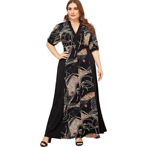 Plus Size Women Maxi Dress Boho Printed Long Kaftan Short Sleeve Summer Caftan Muslim Abaya Dubai Party Gown Islamic Clothing