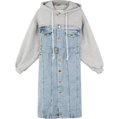 Female Autumn Winter Hooded Dress Patchwork Denim Long Sleeve Women Hoodies Sweatshirts Plus Size 4XL