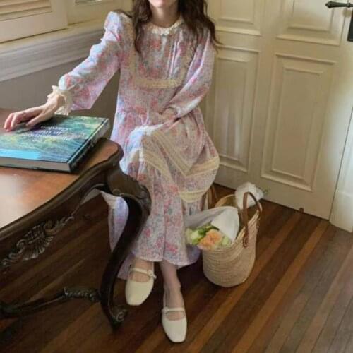 Women Cottagecore Dress Lace Stitch Floral Dresses Woman 2021 Vintage High Waist Clothes Body Korea Style Oversized Streetwear