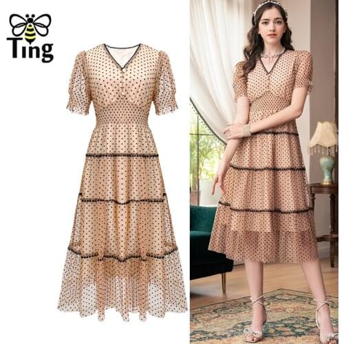 Tingfly Vintage Elegant Women Button Decor Polka Dot Print High Waist Midi Dress Summer A Line Office Work Dresses Robes Traf Za