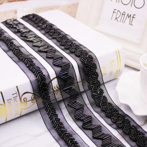 1Yard/Lot Black Beaded Lace Ribbon Lace Fabric Beaded Fringe Lace Trim Embroidered Collar Decoration Fabric Sewing Lace Material
