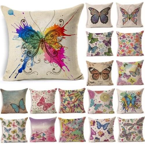 45*45cm Colorful Butterfly Floral Pattern Cotton Linen Throw Pillow Cushion Cover Car Home Bed Sofa Decorative Sofa Pillow
