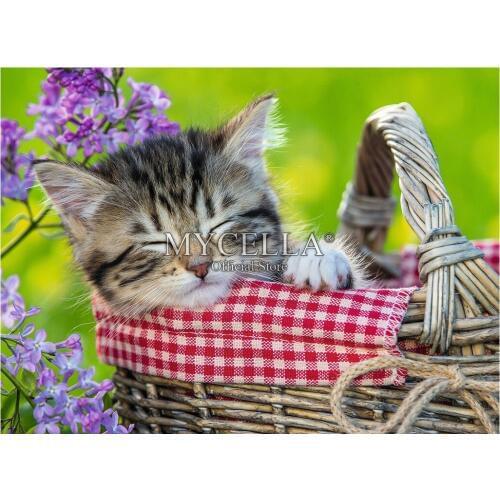 5D DIY Diamond Painting Sleeping Kitten Needlework Diamond Embroidery Cats Animal Full Rhinestone Cross Stitch Mosaic Home Decor