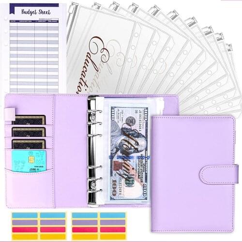 A6 PU Leather Binder Planner Cash Envelopes Organizer with 12 Binder Pockets,12 Expense Budget Sheets,for Budgeting Money Saving