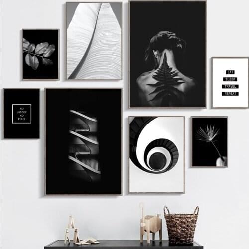 Abstract Woman Fashion Stairs Poster Black White Leaf Canvas Print Wall Art Painting Picture Modern Home Girl Room Decoration