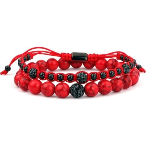 2020 New Fashion 2pc Set Red Stone Beads Macrame Bracelets Women Men Jewelry Gift