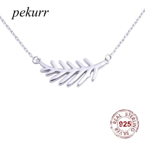 Pekurr 100% 925 Sterling Silver Pine Leaf Branch Necklaces For Women Long Collar Chains Pendants Natural Fashion Jewelry