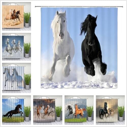 Black White Horse Shower Curtains Strong Animal Running on the Snow Bathroom Decor Home Bathtub Waterproof Polyester Curtain Set