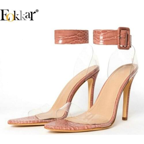 Eokkar 2019 Transparent Thin High Heel 12cm Pumps Sandals Open Toe Shallow Gold Stiletto Party Wear Dress Shoes Plus Size 35-43