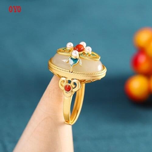 S925 silver Hetian jade ring gorgeous vintage palace style gold-plated burnt blue craft