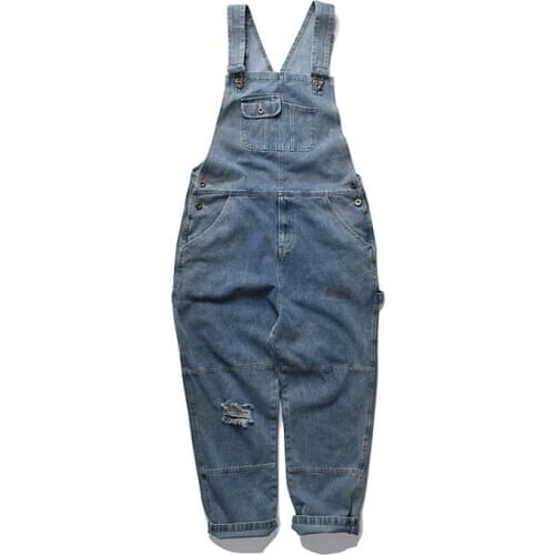Mcikkny Men Cargo Ripped Bib Overalls Multi Pockets Loose Patchwork Jumpsuits For Male Suspender Pants Size M-XXL
