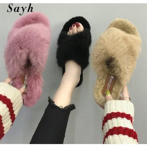 Fashion Winter Autumn Girls Flats Slippers Women Warm Faux Fur Mules Open Toe Casual Shoes Outdoor Cotton Shoes Size