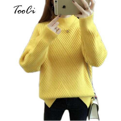New Spring Women Sweater And Pullover Yellow Half-High Collar Long Sleeved Knit Tops Knitted Pullovers Long Sleeve Jumper