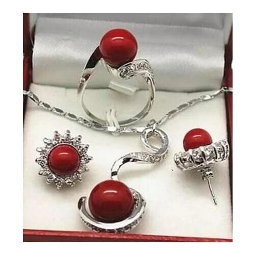 New hot Beautiful silver Red shell pearl Pendant necklace earrings Ring 8