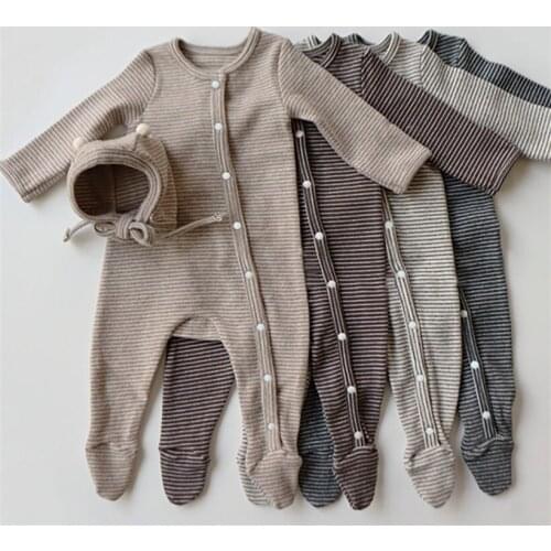 Newborn Baby Girls Clothes Button Striped Rompers Long Sleeve Wrapped Foot Boys Jumpsuit With Hat Autumn Infant Playsuit Cotton