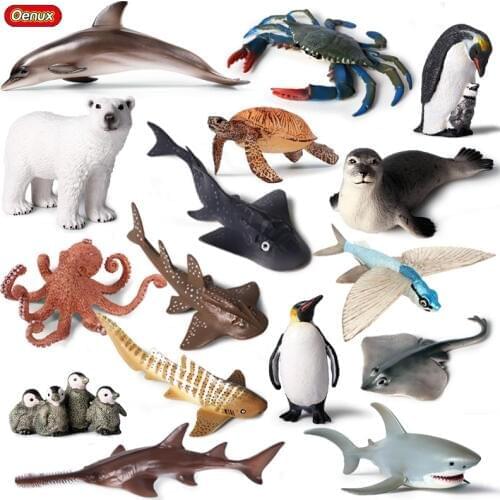 Oenux Classic Sea Life Animal Dolphin Rays Shark Turtle Carbs Octopus Model Action Figures Aquarium Miniature Education Toys