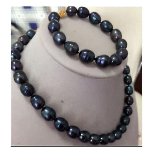 New 9-10MM Black Freshwater Pearl Necklace Bracelet Set