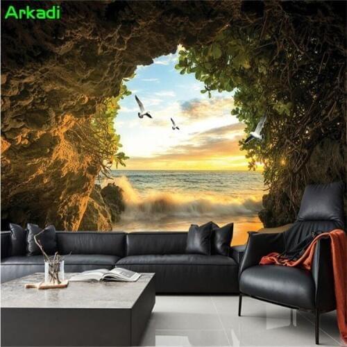 Custom 3D Photo Wallpaper Cave Sea Sky Seagull Balcony Sofa Wall Wallpaper Wallpaper Custom Art Decoration Painting
