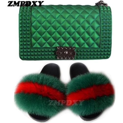 Fashion Fluffy Fox Fur Slides With Matching Purse Set Women Plush Furry Warm Sandals Female Cute Fuzzy Shoes Big Size Flip Flops