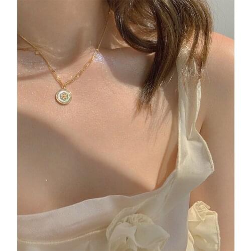 TIMEONLY Vintage Camellia Coin Pendant Necklaces Shiny Rhinestones Hollow Curb Chain Necklace for Women Delicate Jewellery