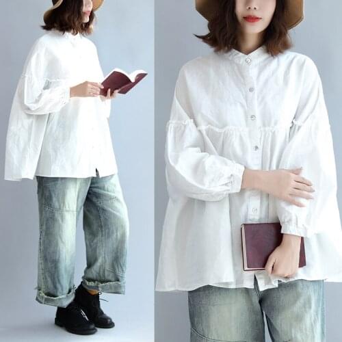 Vintage Ruffles Women Blouse And Shirts Cotton And Linen Lantern Sleeved All Match Loose Office Lady White Shirts Outwear Tops