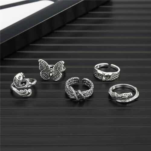 1PC Punk Vintage Butterfly Snake Ring For Men Women New Gothic Hiphop Owl Dragon Fish Twisted Snake Men Ring Party Jewelry R256