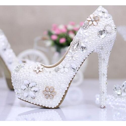 Women pearl Rhinestone wedding shoes high-heeled shoes super waterproof bride wedding crystal shoes white shoes Merchandiser