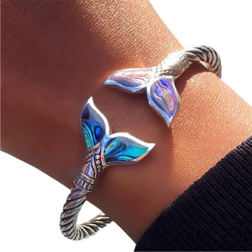 Abalone Shell and Mermaid Tail Bangle Bracelet Adjustable Open Hand Chain for Women Girls ASD88