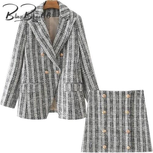 BlingBlingee Autumn Winter Tweed Woolen Woman 2 Piece Sets Metal Buttons Long Plaid Blazers Coats + Checked Mini Skirts 2021