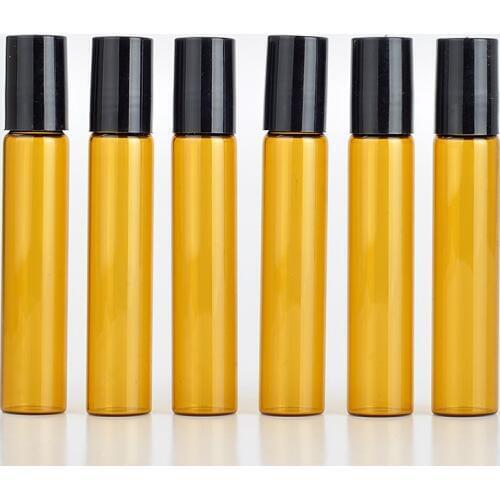 10 ML Roll On Portable Amber Glass Refillable Perfume Bottles Empty Essential Oil Sample with Plastic Cap Wholesale 100pcs/Lot